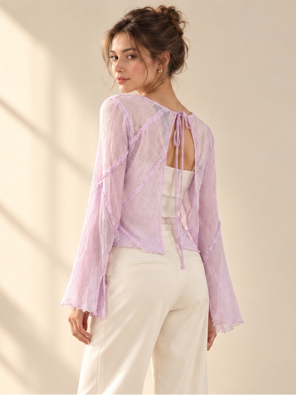 Zara Lilac Sheer Cotton Open Back Tie Neck Blouse NWT Medium